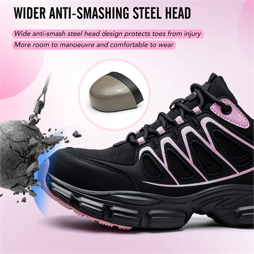 Wide anti-smashing steel toe detail for black and pink work shoe