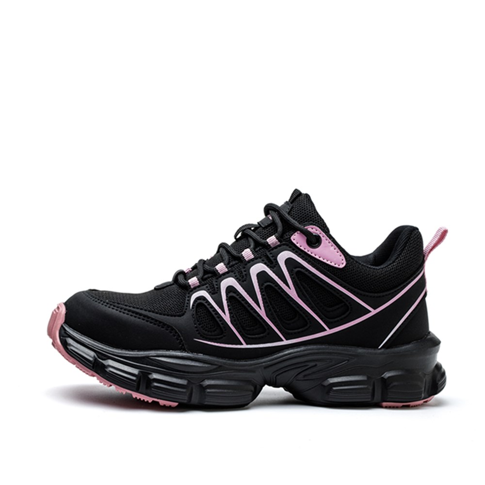 Black and pink slip resistant steel toe work shoe side profile