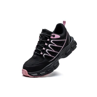 Black and pink steel toe work shoe angled view