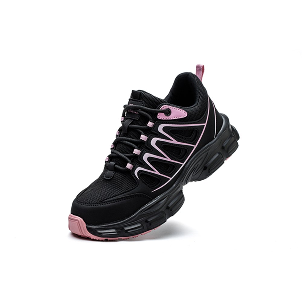 Black and pink steel toe work shoe angled view