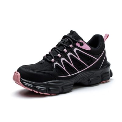 Black and pink safety work shoe front angled view