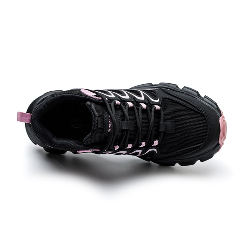 Top view of black and pink steel toe work shoe