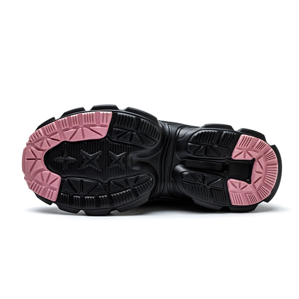 Slip resistant outsole tread of black and pink steel toe work shoe