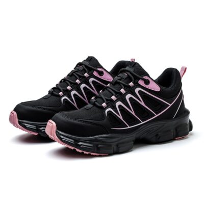 Pair of black and pink steel toe work shoes