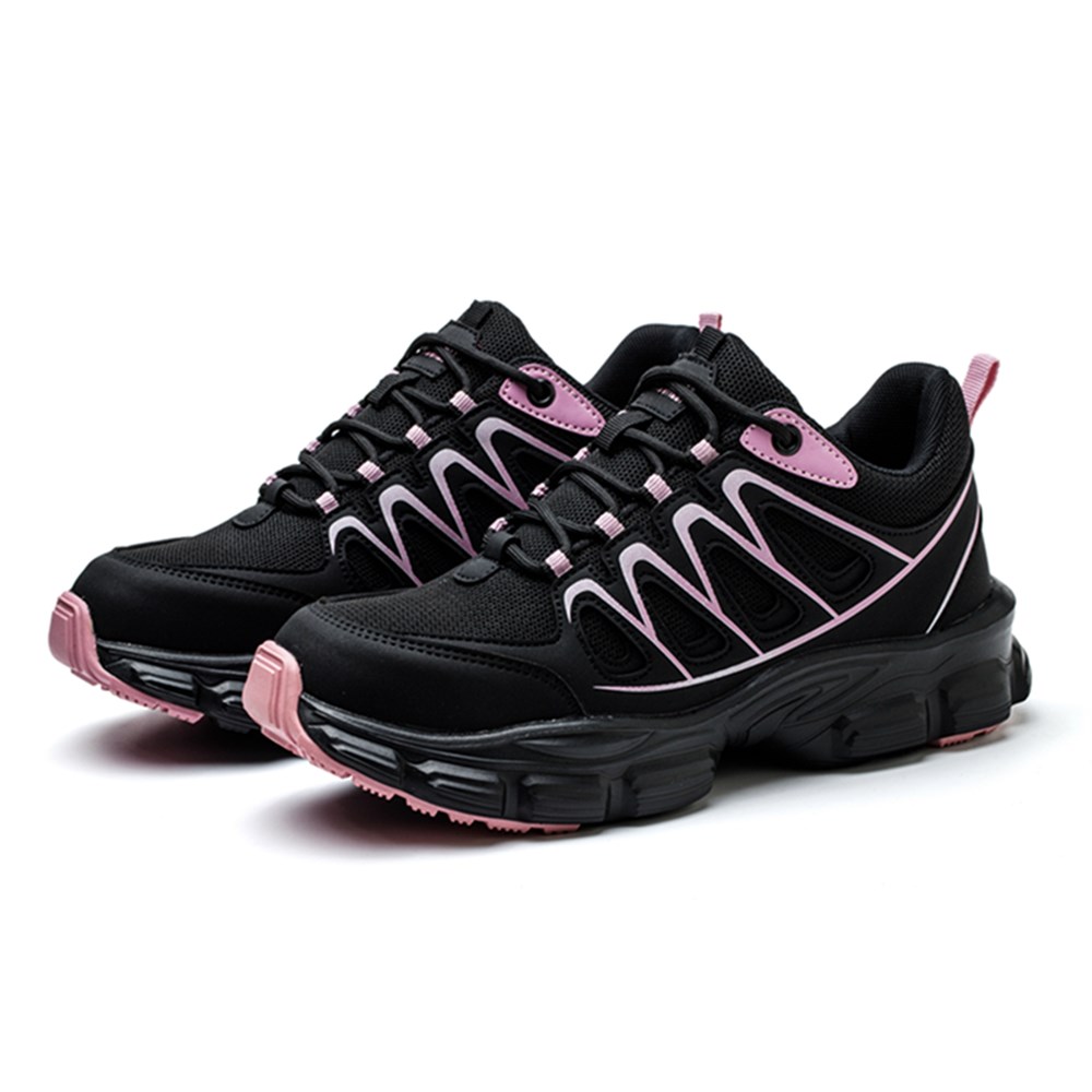 Pair of black and pink steel toe work shoes