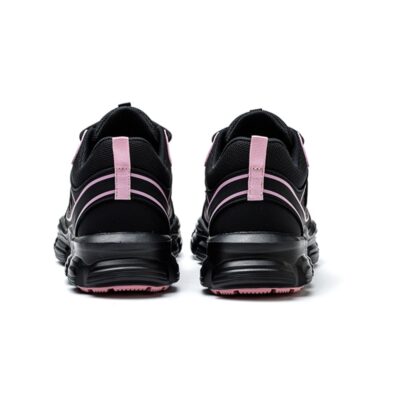 Rear view of black and pink steel toe work shoes