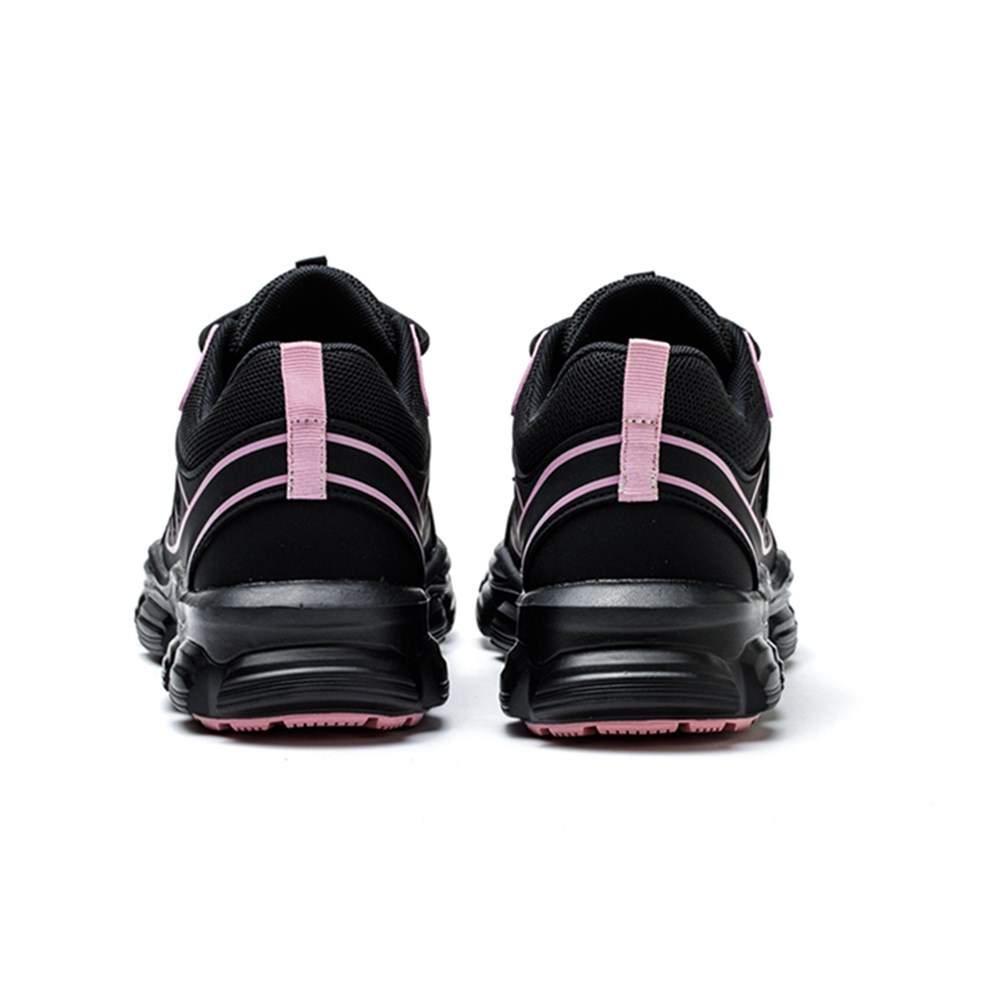 Rear view of black and pink steel toe work shoes