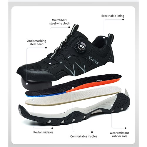 Breathable lining and comfortable insole structure of black steel toe work shoe