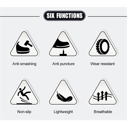 Six function safety work shoe feature icons