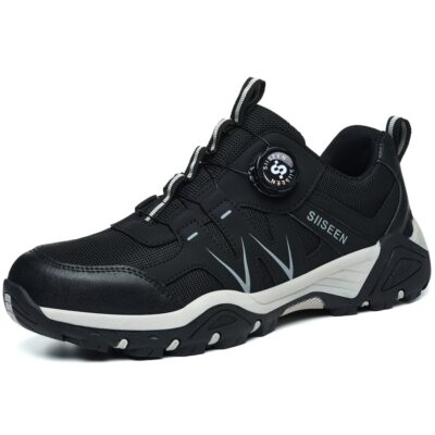 Black steel toe work sneaker angled side view