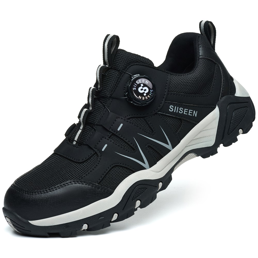 Black steel toe safety shoe front angled view