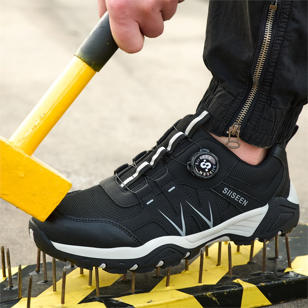 Black steel toe work shoe anti-smashing scene