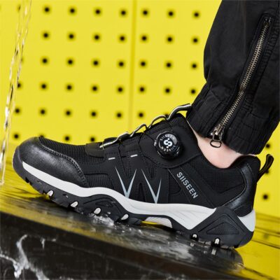 Black slip resistant work shoe wet surface scene