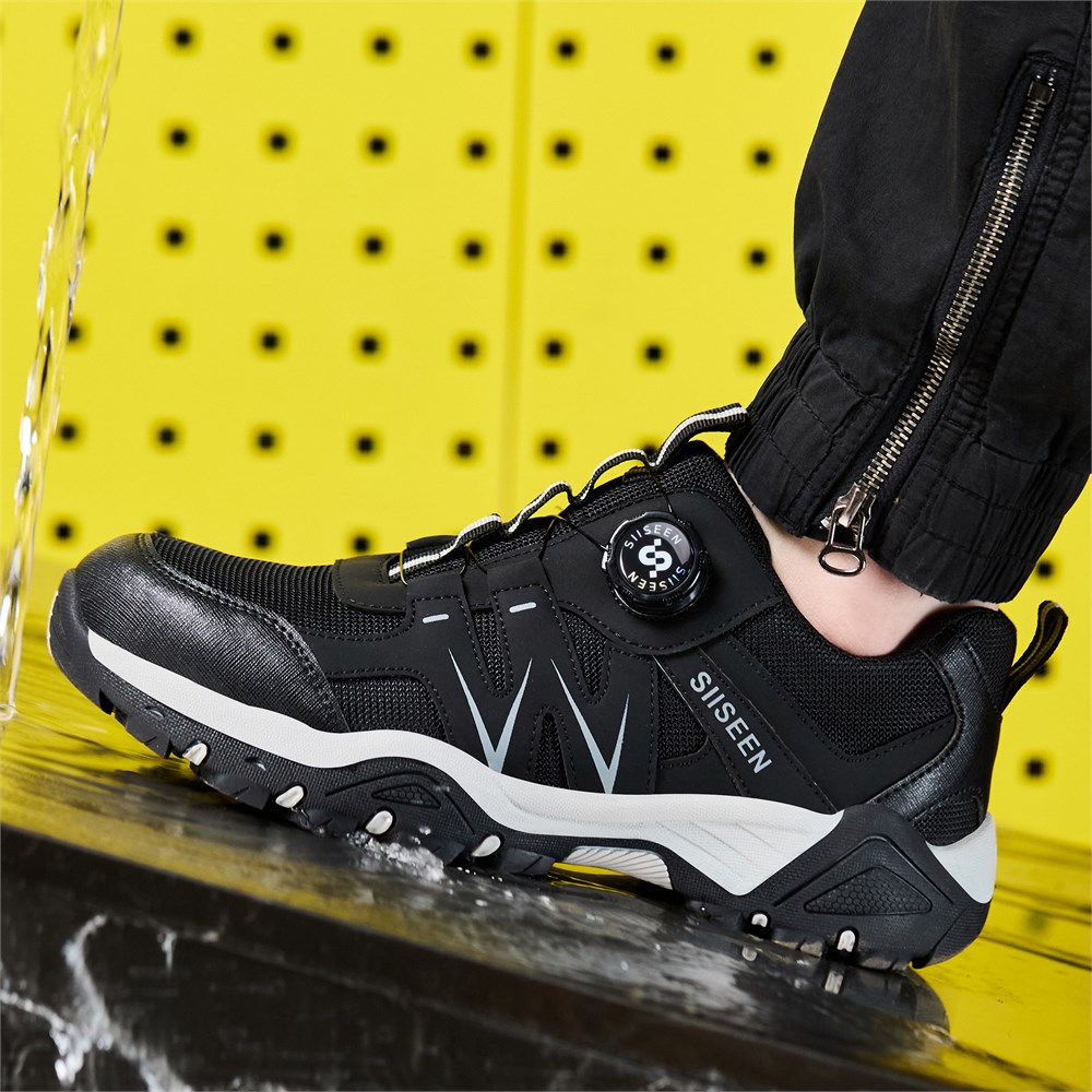 Black slip resistant work shoe wet surface scene