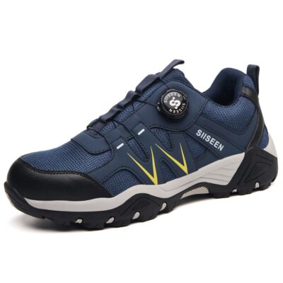 Blue dial lacing steel toe work sneaker angled view
