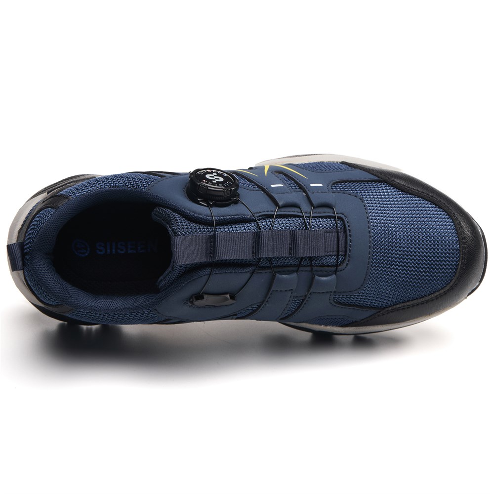 Top view of blue dial lacing steel toe work shoe