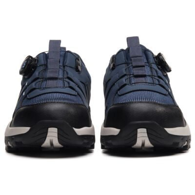Front view of blue steel toe work shoes