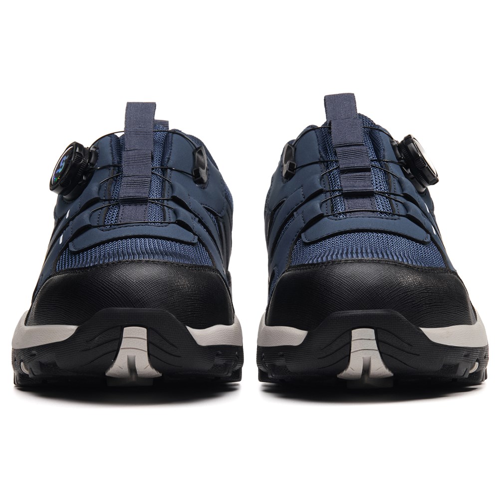 Front view of blue steel toe work shoes