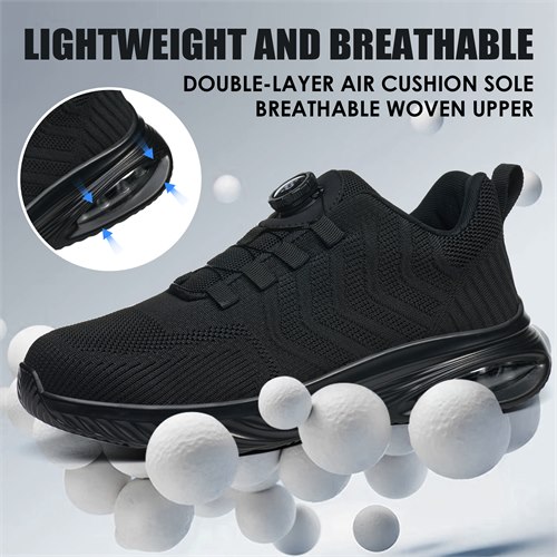 Breathable woven upper and air cushion sole on black work shoe