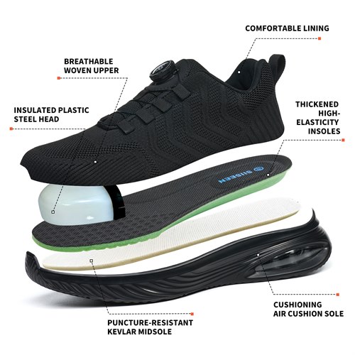 Exploded view of black work shoe with Kevlar puncture-resistant midsole
