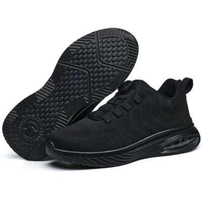 Black composite toe work shoe pair with outsole view