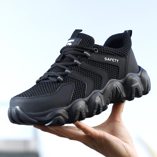 breathable mesh upper on black steel toe work shoes