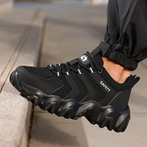 cushioned sole support on black steel toe work shoes