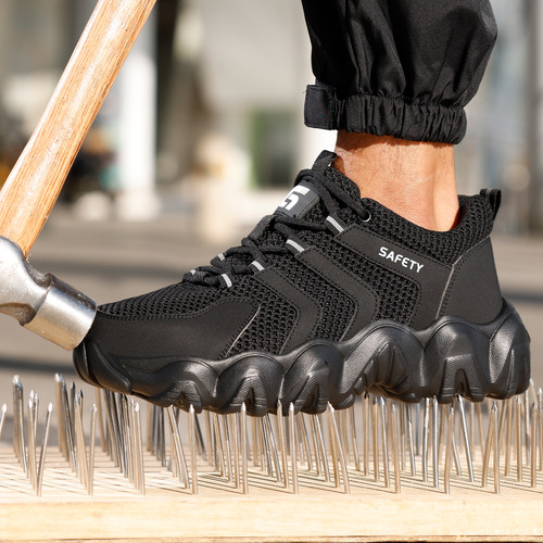 steel toe protection on black steel toe work shoes