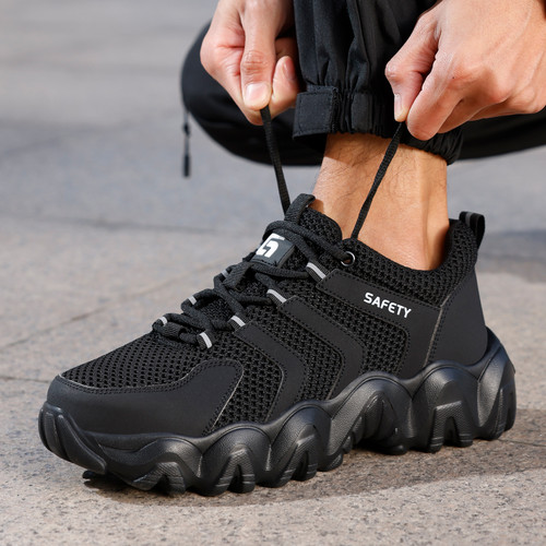 easy on and off on black steel toe work shoes