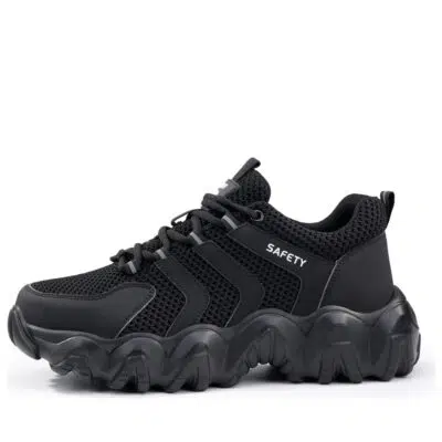 Black flexible steel toe work shoes side profile
