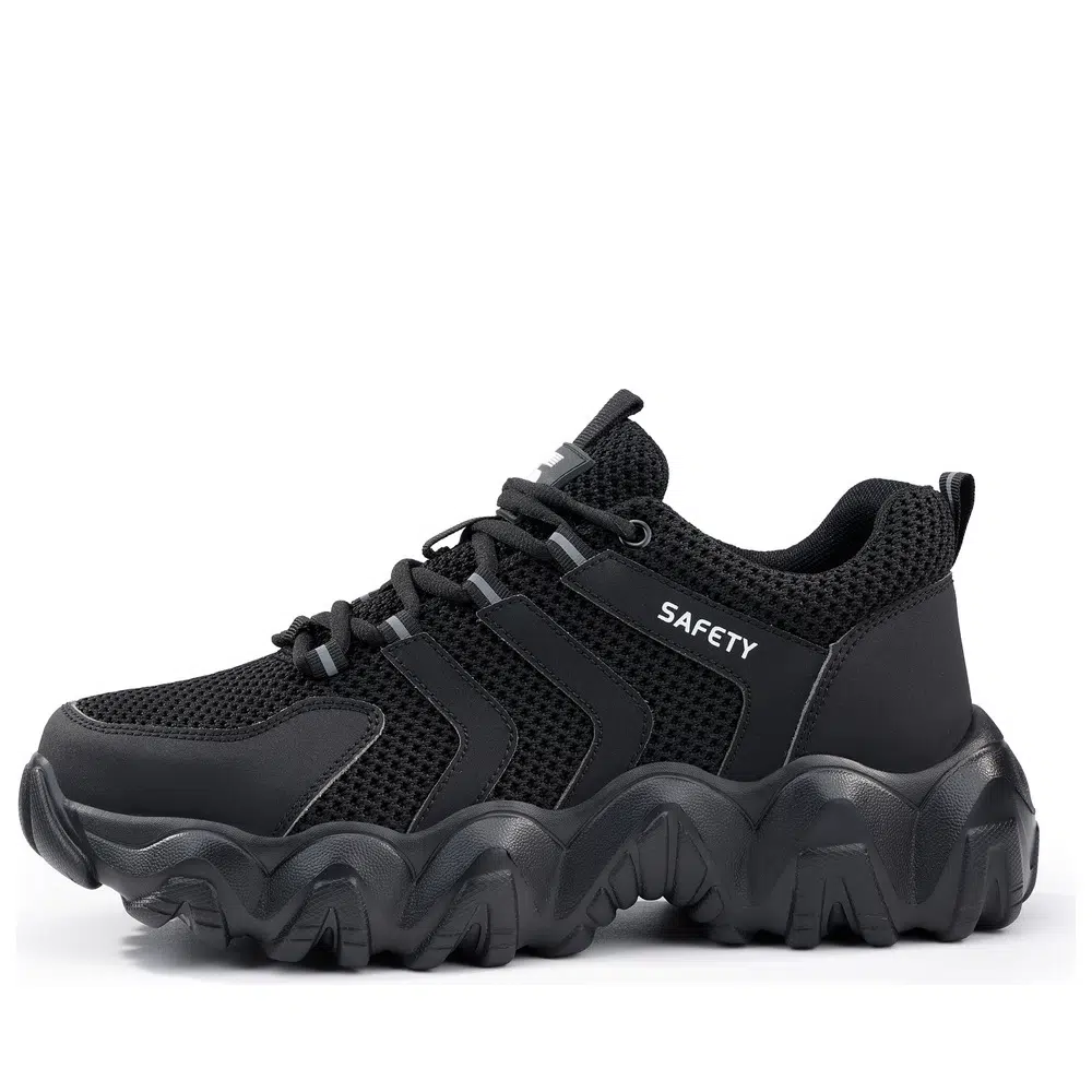 Black flexible steel toe work shoes side profile
