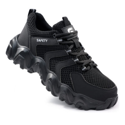 Black breathable mesh steel toe work shoes angled view