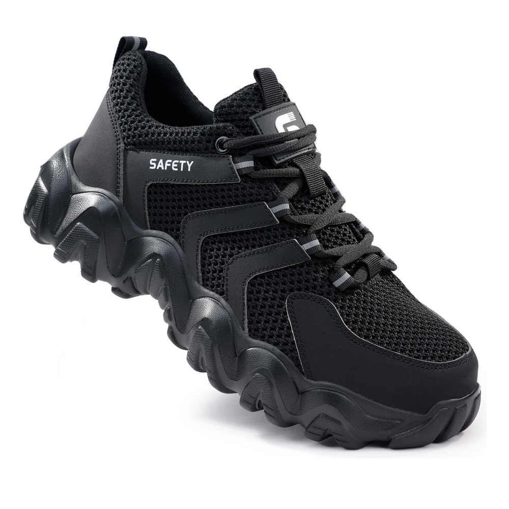 Black breathable mesh steel toe work shoes angled view