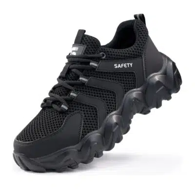 Black cushioned work shoes front angle