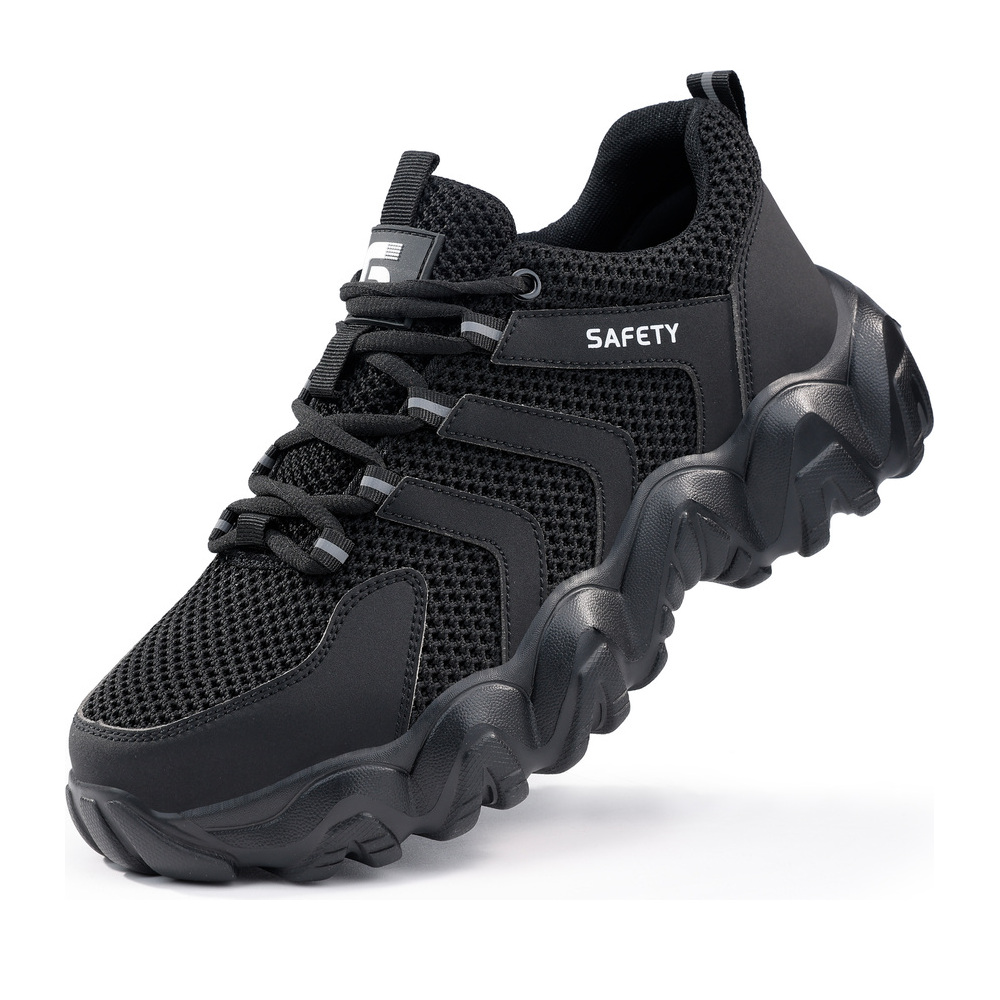 Black cushioned work shoes front angle