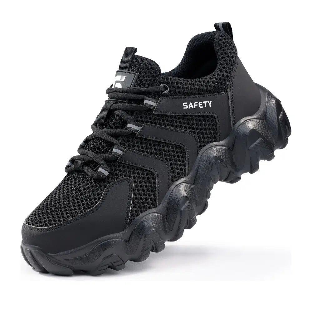 Black cushioned work shoes front angle