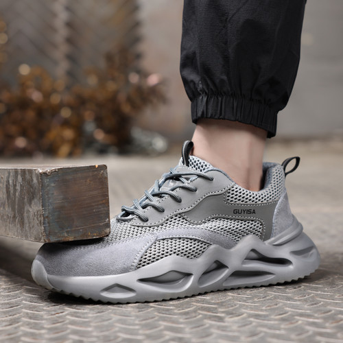 steel toe protection on gray steel toe work shoes
