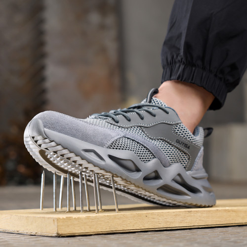 puncture-resistant midsole on gray steel toe work shoes