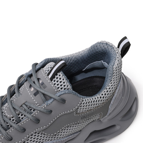 breathable mesh upper on gray steel toe work shoes