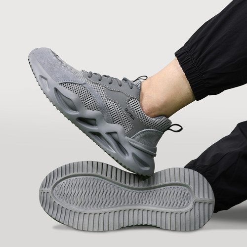 slip-resistant tread on gray steel toe work shoes