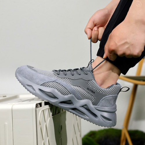 easy on and off on gray steel toe work shoes
