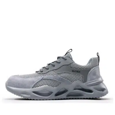 Gray lightweight steel toe work shoes side profile