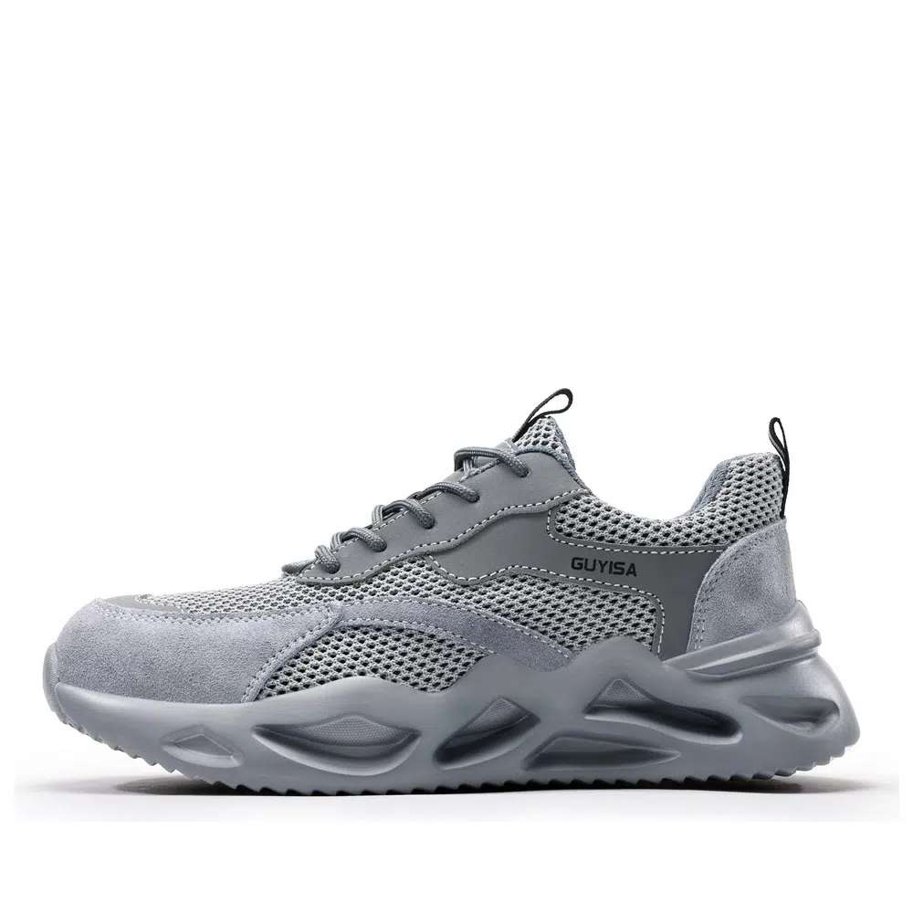 Gray lightweight steel toe work shoes side profile