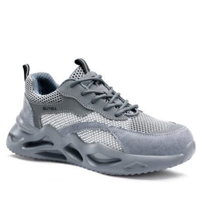 Gray steel toe work shoes angled view