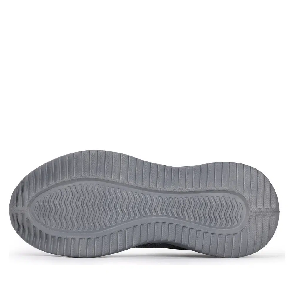 Slip-resistant outsole on gray steel toe work shoes