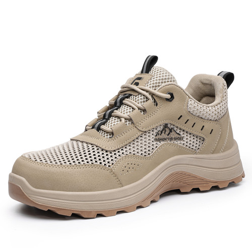 large breathable mesh on khaki steel toe work shoes
