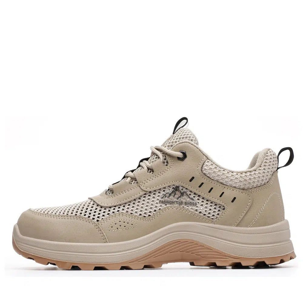 Khaki breathable mesh steel toe work shoes side profile
