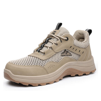 Khaki steel toe work shoes angled view