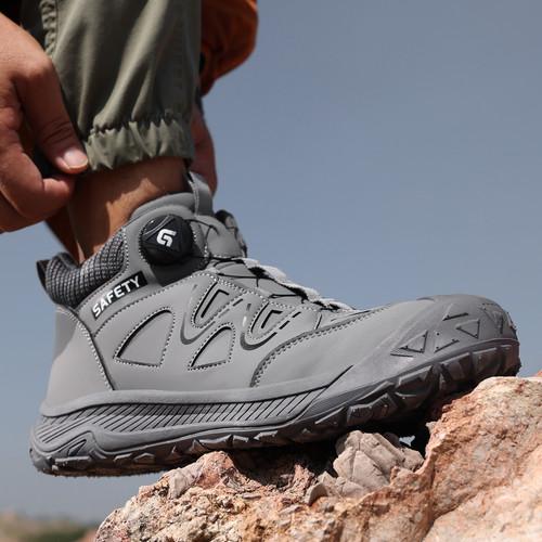 quick dial lacing on gray steel toe work shoes