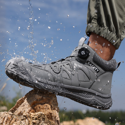 splash-resistant upper on gray steel toe work shoes